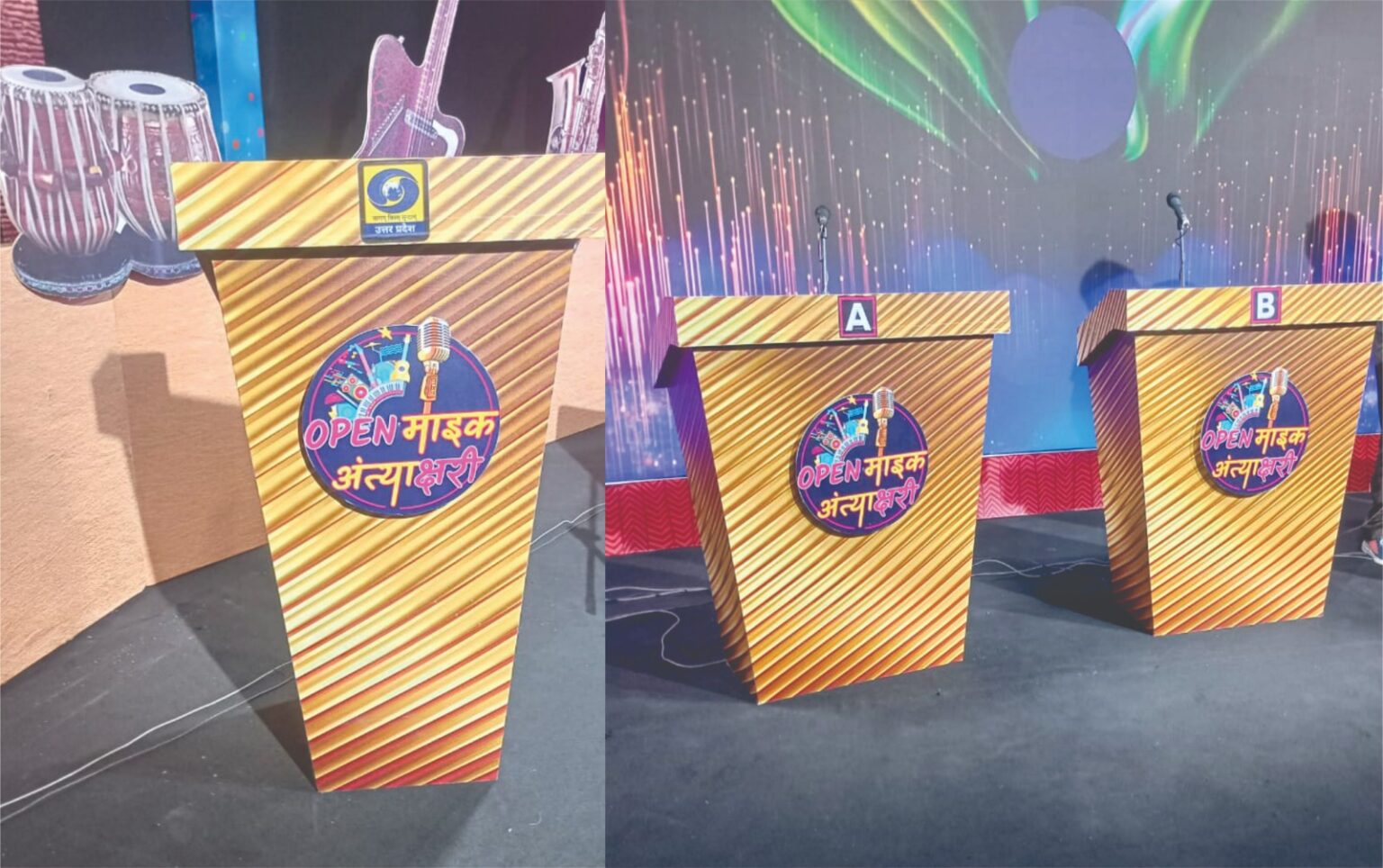 Three golden color podium with purple color logo stand in a large event hall in Lucknow