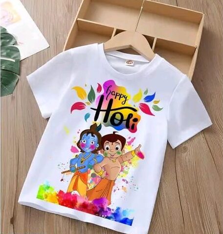 Customised white t-shirt for kids with prints little krishna and balaram and written Happy Holi